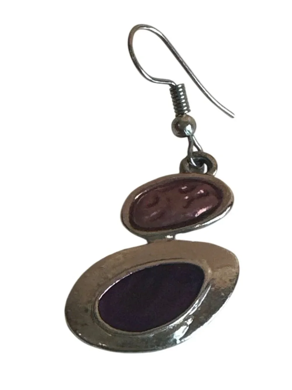 Silver Tone Purple Dangle Earrings Oval Design 2